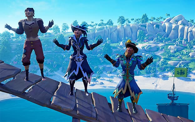 Three pirates overlooking an island in Sea of Thieves, performing the Wing Flap Emote to celebrate Community Day