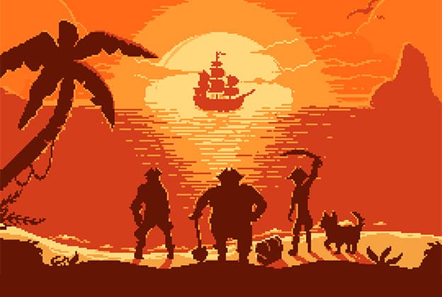 Pixel art of three pirates and a ship at sunset, promoting new musical release 'We Shall Sail Together - Retro Mix'